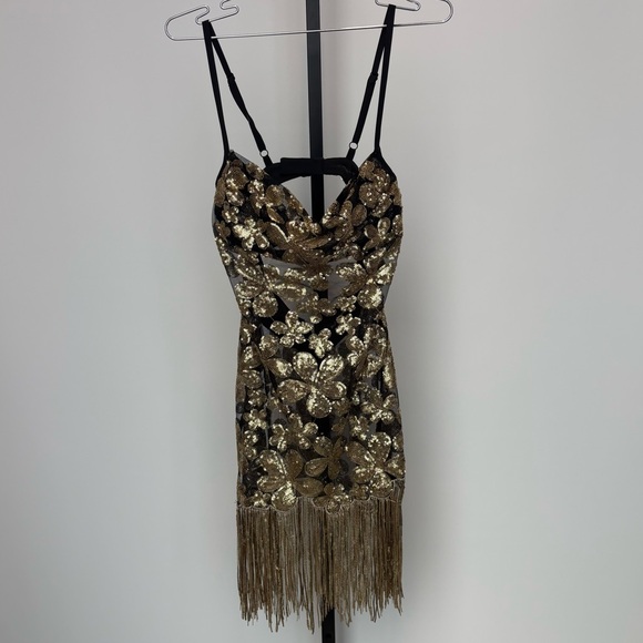 For Love & Lemons gold black colette sequin mini dress with fringe hem Size: XS - Picture 3 of 11